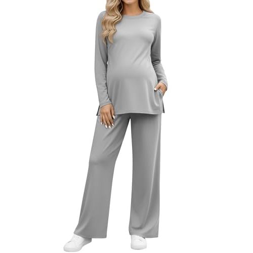 Women's Maternity Lounge Sets 2 Piece Knit Pajamas Long Sleeve Side Slits Top Adjustable Pant Pregnancy Outfit