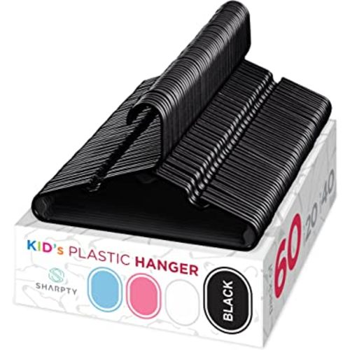 Sharpty Kids Plastic Hangers, Children's Hangers for Baby, Toddler, and Child Clothes - Everyday Standard Use - Ideal for Boys and Girls Closet, Clothing, Pants, Coats, and More - Black, 60 Pack