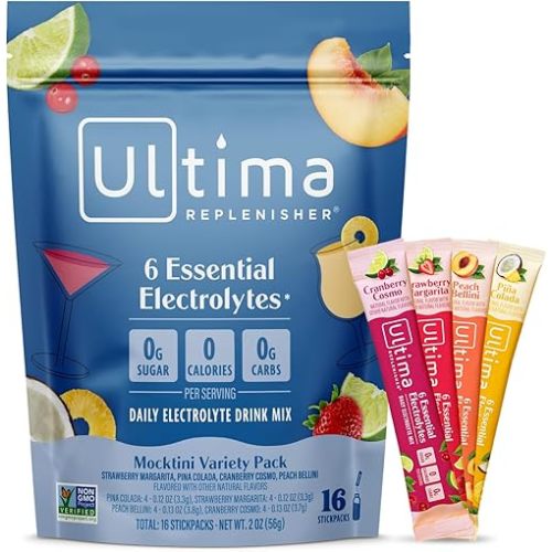 Ultima Replenisher Daily Electrolyte Powder – Mocktini Variety Pack, 16 Stickpacks – Zero Sugar Hydration Packets with 6 Electrolytes and Minerals – Sugar Free, Plant Based & Keto Friendly​ Drink Mix
