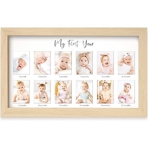 My First Year Photo Frame, 12 Months Baby Picture Frame for Newborn Girl,Boy - Baby Shower Gifts Keepsakes,Monthly Baby's One Year Birthday Milestone,1st Nursery Photo Collage Display Board (Ash Wood)