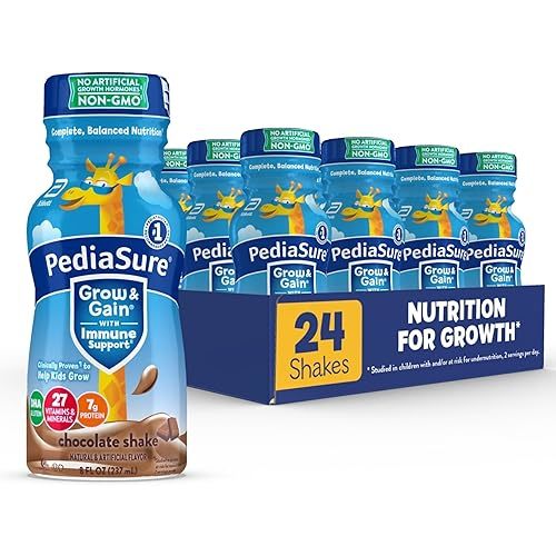 PediaSure Grow & Gain with Immune Support, 27 Vitamins & Minerals for Kids, 7g Protein, Non-GMO, Gluten-Free, Chocolate, 8-fl-oz Bottle, Pack of 24
