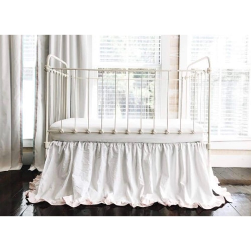 White and Baby Pink Ruffled Crib Skirt