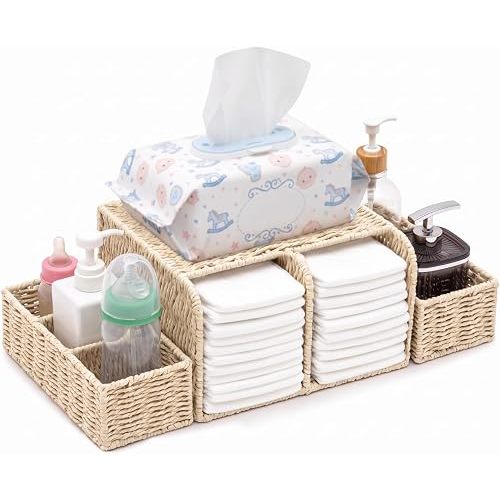 Fiwochic Large Wicker Diaper Caddy Changing Table Organizer, White, Paper