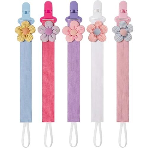 5 Pack Pacifier Clips for Baby Girls, Multicolor Fabric Straps,5pcs Straps, Approx. 11 in / 29 cm, Resin Clips with Inner Grip Design, Fits Most Pacifiers with Handles(11)