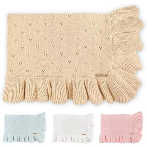 Cotton Pointelle Knitted Baby Blanket with Ruffle Trim, 40x31 Inches, Soft & Cozy for Newborns & Toddlers, Ideal for Swaddling, Crib & Stroller, Elegant Gift Box for All Seasons(Beige)