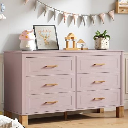 6-Drawer Dresser, Modern Chest of Drawers for Bedroom, 47" Wide Larger Dressers with Metal Handle Solid Wood Legs Wooden Kids & Nursery Storage for Entryway Living Room Pink
