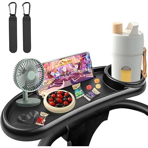 Snack Tray Compatible with Nuna Mockingbird, Adjustable Stroller Snack Tray with Cup Holder and Phone Holder, nuna stroller accessories (Include 2Pack Stroller Hook)