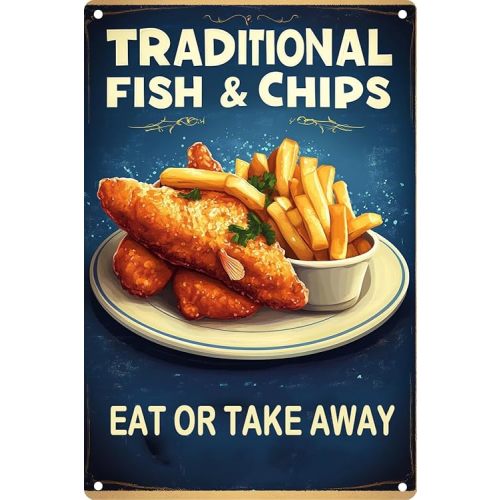 Vintage Tin Traditional Fish & Chips Retro Metal Sign Suitable For Home Shop Restaurant - Multi-Purpose for Indoor/Outdoor Use Plaque 8x12 Inch