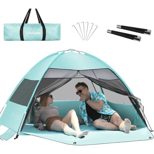 Large Easy Setup Beach Tent,Anti-UV Beach Shade Beach Canopy Tent Sun Shade with Extended Floor & 3 Mesh Roll Up Windows Fits 3-4 Person,Portable Shade Tent for Outdoor Camping Fishing (Mint Green)