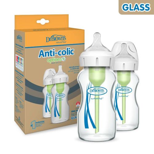 Dr. Brown's 9oz Anti-Colic Options+ Wide-Neck Glass Baby Bottle with Level 1 Slow Flow Nipple - 2pk - 0m+: BPA-Free, Vacuum-Free, Silicone Nipple