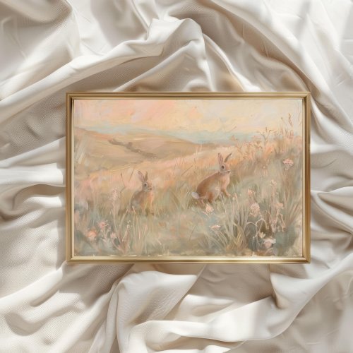 Pastel Wildflower Rabbit Print, Vintage Landscape Wall Art, Peach Pink Nursery Decor, French Country Wall Decor, Country Landscape Painting