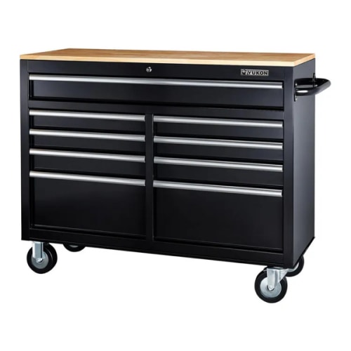 46 in., 9-Drawer Mobile Storage Cabinet with Solid Wood Top, Black