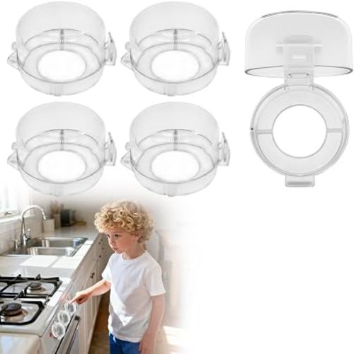 Stove Knob Covers for Child Safety, 5 Pack White Gas Stove Protector, Baby Proof Kitchen Knob Guards, Heat Resistant Clear Stove Knob Covers, Easy Install Universal Design