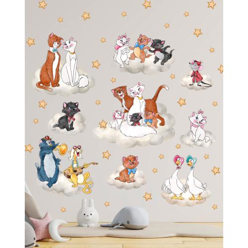 Aristocats Peel and Stick Wall Decals, Cat Family Wall Stickers, Watercolor Kitten Nursery Decor, Marie Duchess Thomas O'Malley Kittens