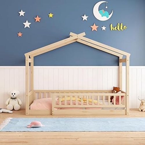 Bellemave Twin Size Montessori Floor Bed, Wood House Bed Frame, House Bed for Kids, Montessori Bed with Fence, Playhouse for Kids, Natural