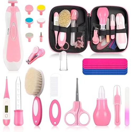Baby Healthcare and Grooming Kit, Baby Safety Set Newborn Nursery Health Care Set with Hair Brush Scale Measuring Spoon Nail Clippers for Baby Girls Boys (24PCS Pink)