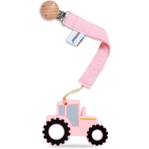 Baby Food Grade Silicone Tractor Car Teether Toy with Pacifier clip Holder,Teething Pain Relief Toys Gift Set for 3 Months+ Boys and Girls,Freezer Safe,BPA Free (Pink)
