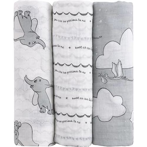 Disney Dumbo Gray and White 3 Piece Muslin Swaddle Baby Blanket Set