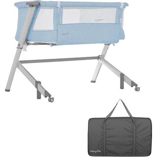 Dream On Me Skylar Bassinet and Bedside Sleeper, Adjustable Heights, Breathable Mesh Sides, Plush Mattress Pad, Wheels with Safety Locks & Tool-Free Assembly, Compact Fold & Travel Bag - Blue