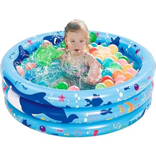 Sloosh Inflatable Kiddie Pool, 34"x10" Blow Up Kid Swimming Pool, 3 Rings Blue Baby Pool for Toddler, Play Pit for Dog with Ocean Whale Pattern for Summer Water Party Backyard Garden(Whale)