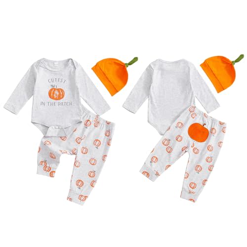 Kavousa Newborn Baby Boy Pumpkin Outfit Fall Romper Bodysuit and Pants Set With Beanie Hat Halloween Thanksgiving Clothes