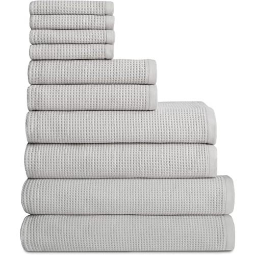 Cozy Earth Complete Waffle Bath Bundle - 60% Cotton 40% Viscose from Bamboo - Quick Dry & Ultra-Soft Waffle Weave Bath Towels - 4 Washcloths, 2 Hand Towels, 2 Bath Towels, 2 Bath Sheets, Light Grey