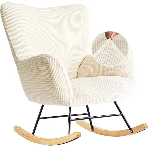 Nursery Rocking Chair Cover,1 Piece Glider Chairs Cover Slipcovers,Soft with Elastic Bottom Spandex Jacquard Small Checks,Furniture Protector Washable,Beige