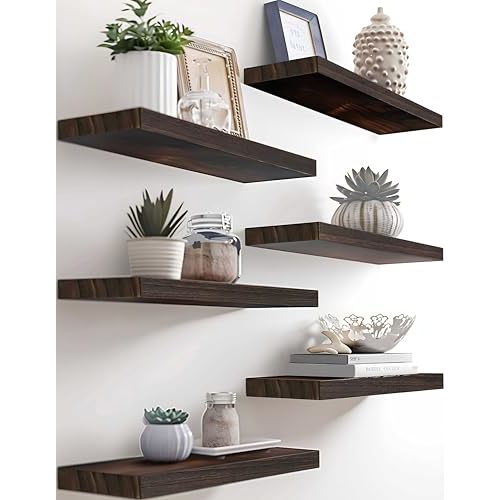 PHPH Wood Floating Shelves for Wall, Wooden Wall Shelves for Bedroom, Set of 6 Brown 17 Inch