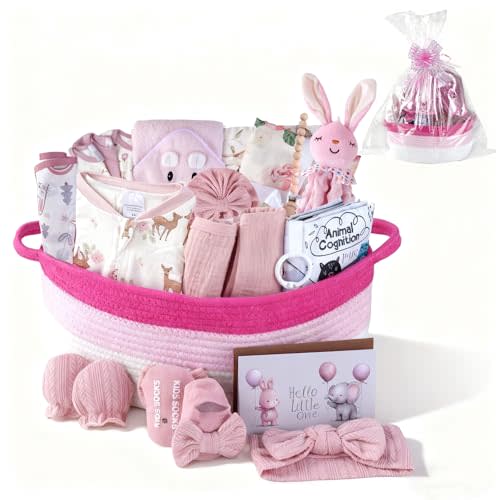 22-Pcs Baby Gift Basket Set, 0-12M Baby Shower Gifts | Premium Baby Shower Gifts: Newborn Gift Sets in Woven Basket with Balloon & Bow, Ultimate Welcome Baby Package, Pink