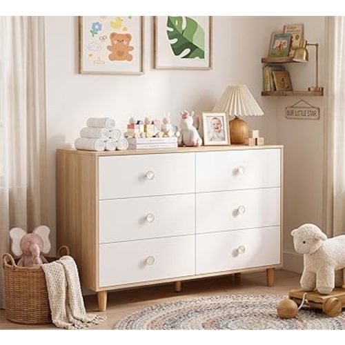 White Dresser for Bedroom, 6 Drawer Dressers with Solid Wood Legs, Baby Dresser for Kids, Storage for Clothes and Baby Essentials