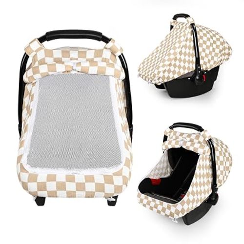 DILIMI Car Seat Covers for Babies, Muslin Cotton Baby Car Seat Cover with Breathable Mesh Window, Summer Infant Car Seat Canopy for Boys Girls Newborn, Brown Plaid