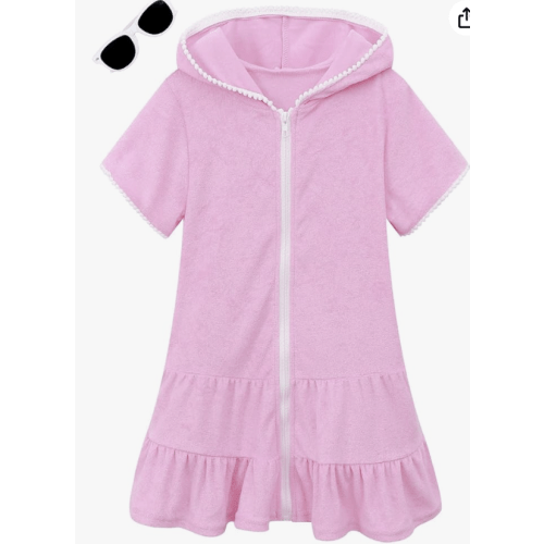 Size (6-7) LUCKYGAL Girls Swim Cover Up Kids Swimsuit Coverup Terry Zip-Up Beach Bathing Suit Wraps with Sunglasses