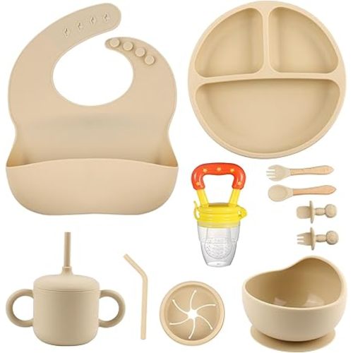 Silicone Baby Feeding Set, Baby Feeding Essentials, Baby Suction Bowl, Plates, Bib, Spoons set, Baby Led Weaning Supplies to Develop Self-feeding Skills, Dishwasher Safe (Beige, No Lid)