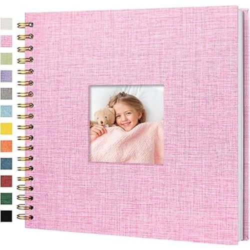 Scrapbook Photo Album Linen Cover, 10 x 10 Inch Hardcover Kraft White Pages Memory Book, for Travel Wedding Guest Book Christmas Baby Shower (20 Sheets/ 40 Pages,Pink)