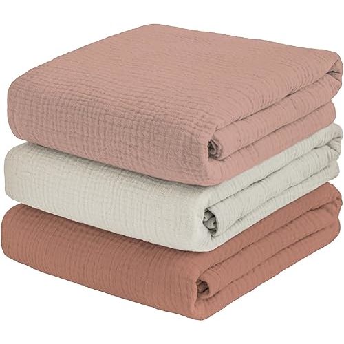 Muslin Swaddle Blankets for Baby Boy - 3 Pack 47x47 Inch Large Receiving Blankets Neutral, Soft Breathable Cotton Nursery Swaddles for Newborn, Infant (Cameo Brown, Cream White, Terracotta)