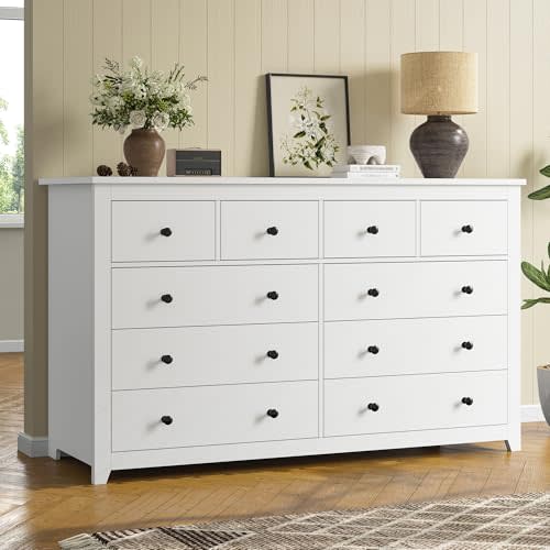 DurayLoly White Dresser for Bedroom with 10 Spacious Drawers Large Wood Dresser TV Stand for Bedroom Modern Chest of Drawers for Living Room Hallway Entryway, Smooth Slide, 15.7" D x 52" W x 36.5" H