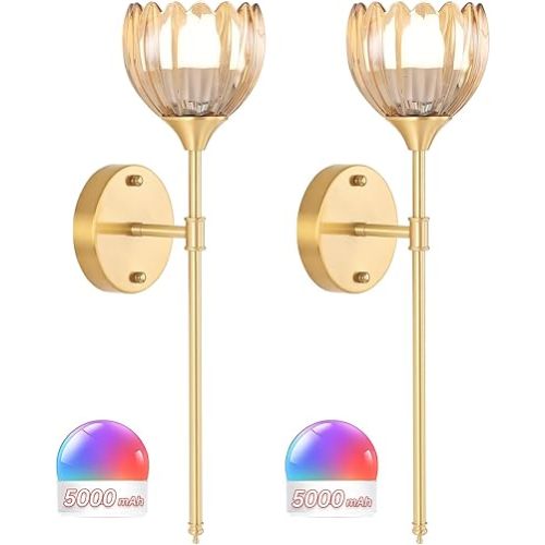 Shenmoyl Battery Operated Wall Sconce Set of 2, Amber Tulip Vintage Wall Light Fixture Rechargeable 5000mAh Battery Powered Wall Lamp with Remote for Living Room Bathroom
