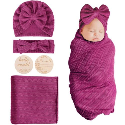 BQUBO Baby Swaddle Blankets for Girls, 4PCS Newborn Accessories Set with Hat and Bow Headband with Hello World Wooden Birth Announcement Card, Baby Blankets for Girls (Pink)
