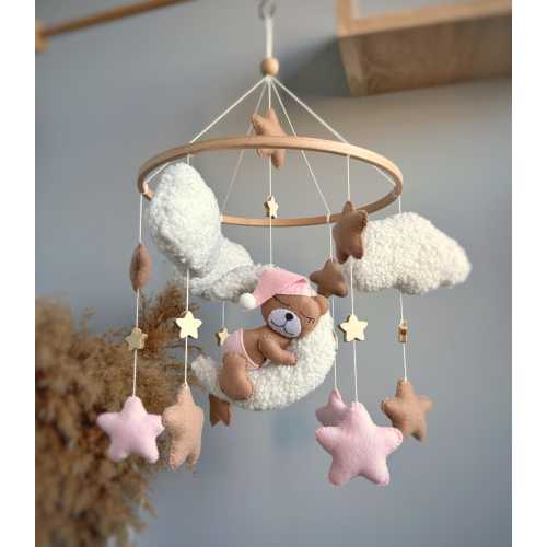Pink Boucle Baby Mobile Teddy Bear Crib Mobile Boucle Nursery Mobile Clouds Baby girl  Boucle Nursery Decor Baby shower gift Baby boy gift
