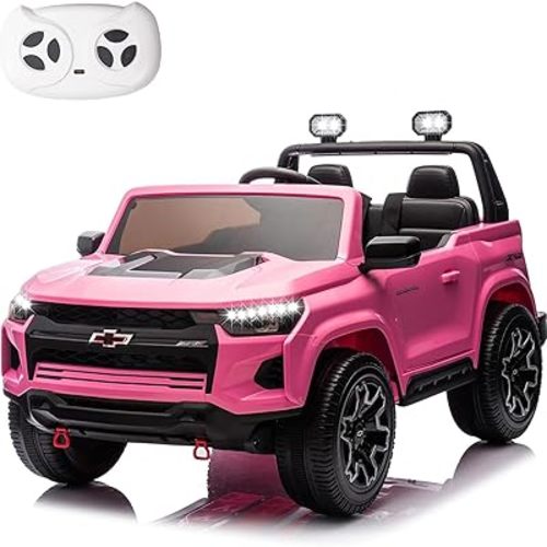 Kids Electric Car 24V, 2 Seater Ride on Car for Kids Electric Vehicles with Parent Remote, 4WD Licensed Chevrolet Colorado with Music, Alarm Lights, Megaphone (Pink)