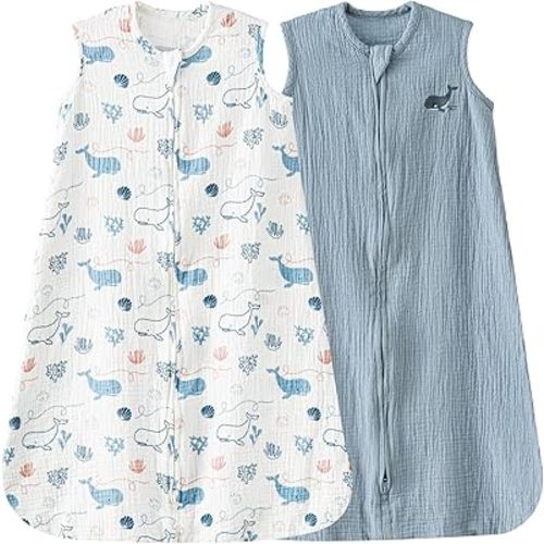 david's kids Muslin Cotton Baby Sleep Sack 6-12 Months, 2 Pack 100% Cotton Sleeping Bag for Summer, TOG 0.5 Baby Wearable Blankets with 2-Way Zipper, Soft Sleep Sacks for Newborn Infant, Whale