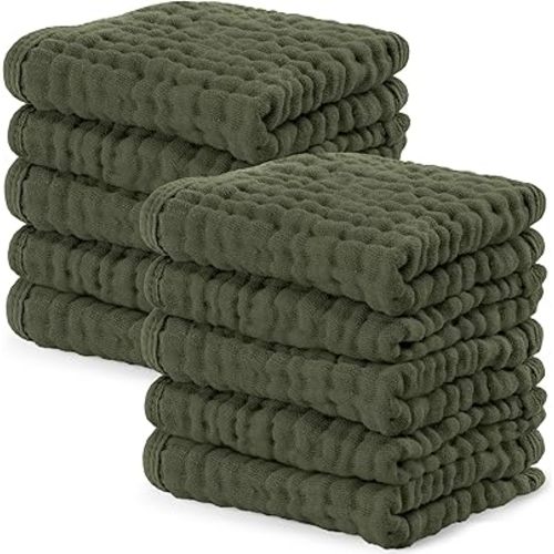 Comfy Cubs Muslin Baby Washcloths 10 Pack - Soft 6-Layer Cotton Wash Cloths for Sensitive Skin - 10"x10" Large, Gentle, Absorbent Infant Essentials for Newborn and Toddlers - Kelp