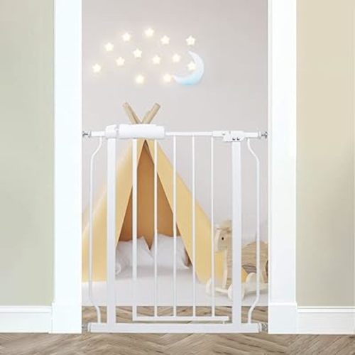 24-29 Inch Narrow Baby Gate, Pressure Mounted No Drilling Dog Gate for Stairs & Doorways, White Metal Safety Gate Indoor for Kids and Pets