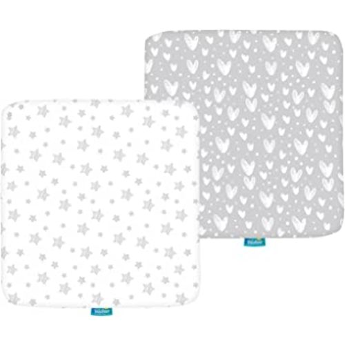 Square Playard/Playpen Fitted Sheets, Perfect for 36 X 36 Portable Playard, 2 Pack, 100% Jersey Knit Cotton Fitted Sheets, Grey Stripes and Hearts Print for Baby Boy and Baby Girl