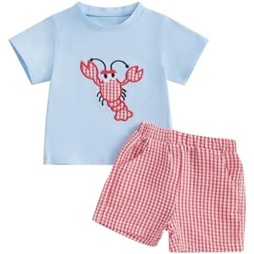 Toddler Little Boy Shorts Set Seafood Embroidered Short Sleeve T-shirts Plaid Elastic Waist Shorts Summer Clothes
