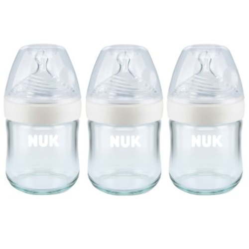 NUK Simply Natural Glass Bottles 4 oz, 3 Pack, Safe Anti-Colic for Newborn Baby