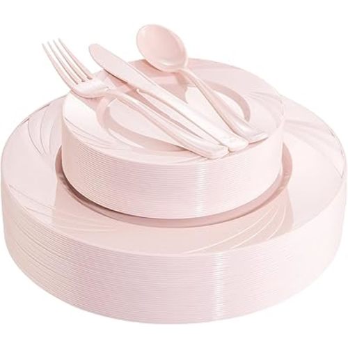 YOUBET 125PCS Pink Plastic Plates - Light Pink Birthday Plates Include 25 Dinner Plate, 25 Dessert Plate, 75 Silverware for Baby Shower & Birthday Parties