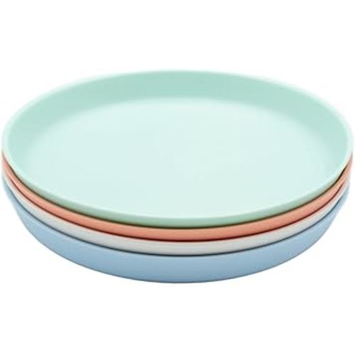 WeeSprout Bamboo Plates, Set of 4, Kid-Sized Dinnerware, Dishwasher Safe Melamine Dishware (Pastel Coral, Blue, Mint & Off White, Without Lids)