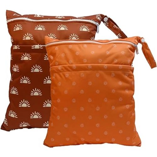 Wet Dry Bag for Cloth Diapers, 2PCS Waterproof Reusable Wet Bag with Zippered Pockets, Washable, Reusable for Travel, Beach, Pool, Stroller, Diapers, Dirty Gym Clothes, Swimsuits, 14x12In & 14x12In