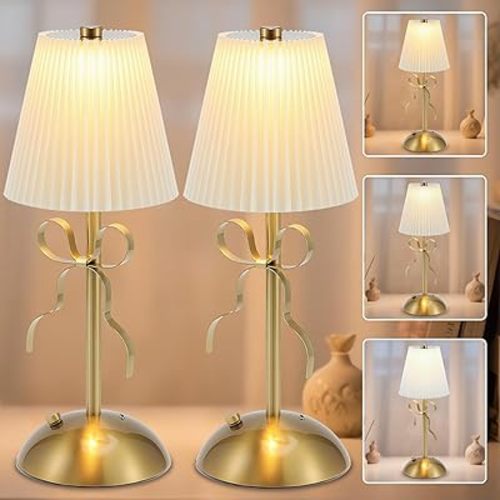 2 Pack Cordless Table Lamp,Small Gold Bow Night Light,LED Rechargeable Reading Lights,3 Color Stepless Dimmable Touch Control Bedside Lamp,Bedroom Living Room Bar Desk Lamp Home Decor Ambient Lighting